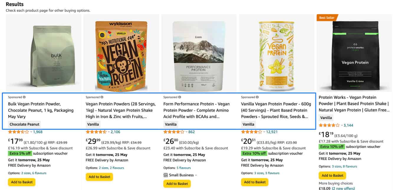 Amazon Product Search page showing Sponsored Products