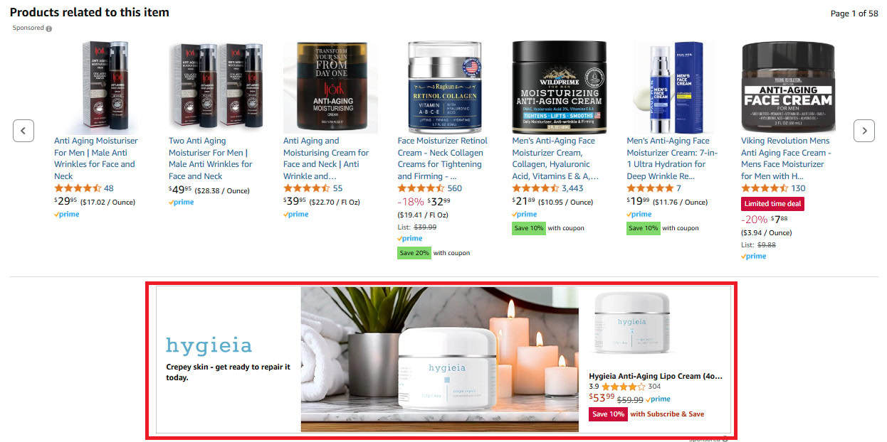 Amazon listing screenshot with Sponsored display ads example