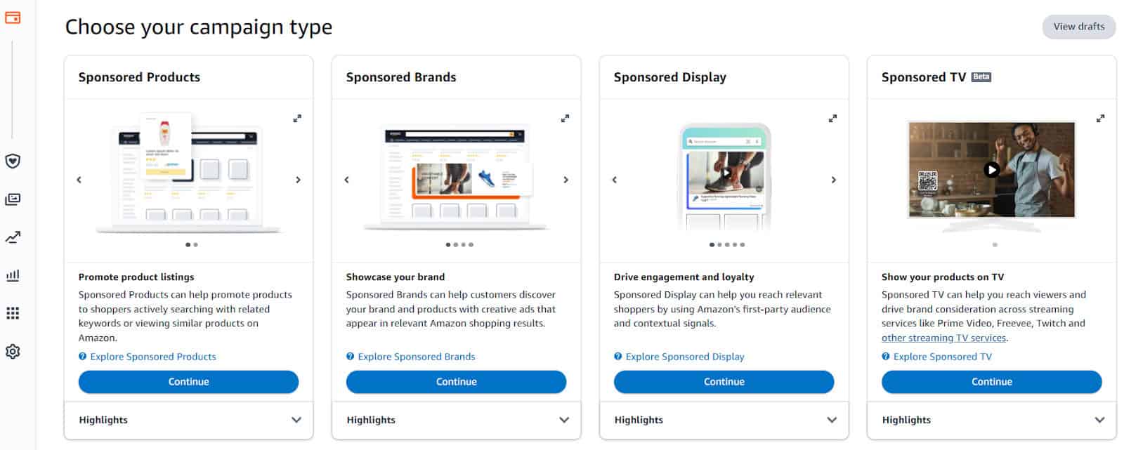 How to create a new campaign - Click the “Create Campaign” button and select “Sponsored Display” from the list of campaign types.