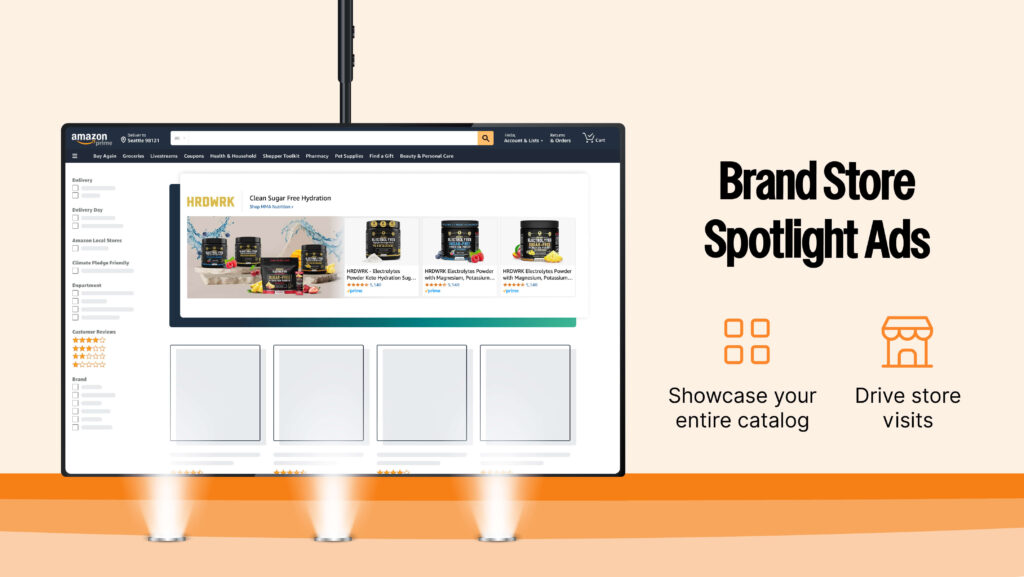 Promotes a seller’s Brand Store sub-pages Drives traffic to an immersive shopping experience Customizable with brand logo and messaging 